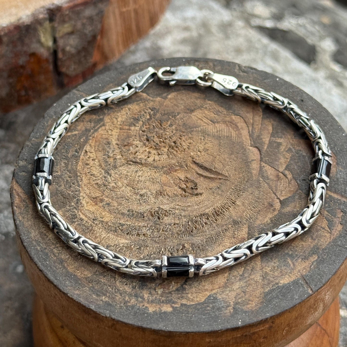 925 Silver Emerald Stone King Chain Bracelet, Gemstone Byzantine 5MM Chain Bracelet, Bali Chain Bracelet, Men Solid Sterling Silver Chain