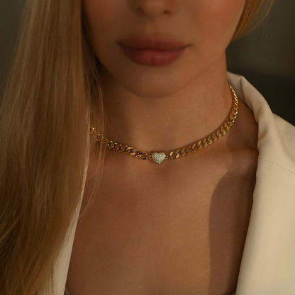 Curb Chain Chocker Necklace with Heart Charm