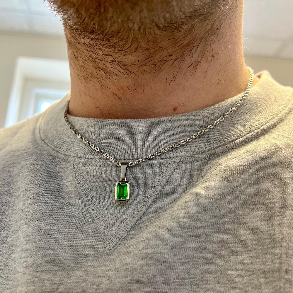 Mens Necklace - Gold Green Emerald CZ Necklace Set - Green Gem & Cuban Chain Necklace - Mens Jewelry - Gold Chain Pendant Necklace Set