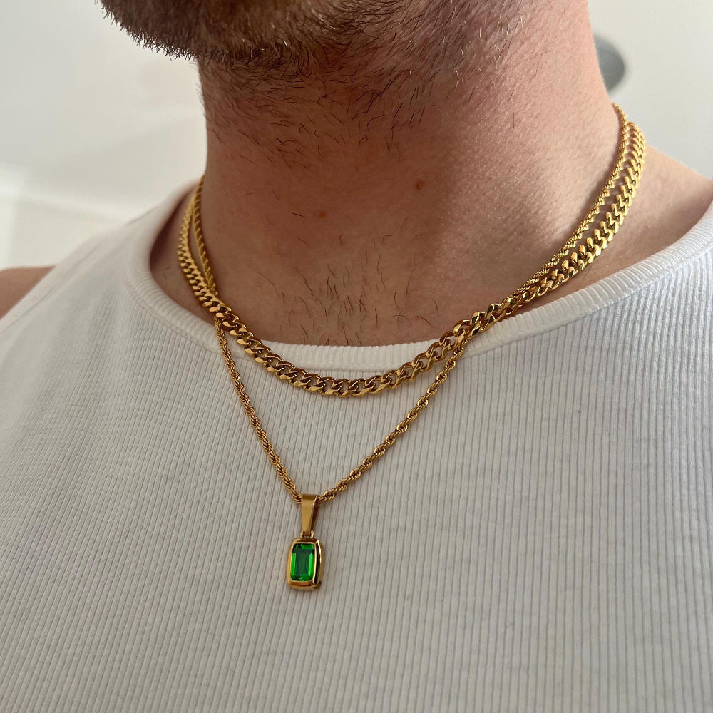 Mens Necklace - Gold Green Emerald CZ Necklace Set - Green Gem & Cuban Chain Necklace - Mens Jewelry - Gold Chain Pendant Necklace Set