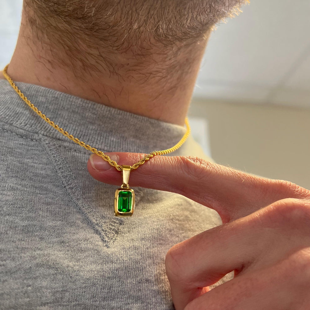 Mens Necklace - Gold Green Emerald CZ Necklace Set - Green Gem & Cuban Chain Necklace - Mens Jewelry - Gold Chain Pendant Necklace Set