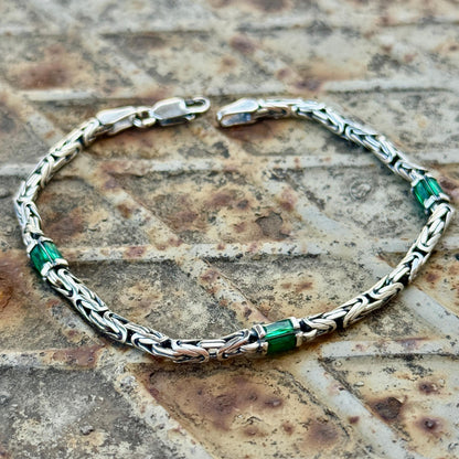 925 Silver Emerald Stone King Chain Bracelet, Gemstone Byzantine 5MM Chain Bracelet, Bali Chain Bracelet, Men Solid Sterling Silver Chain