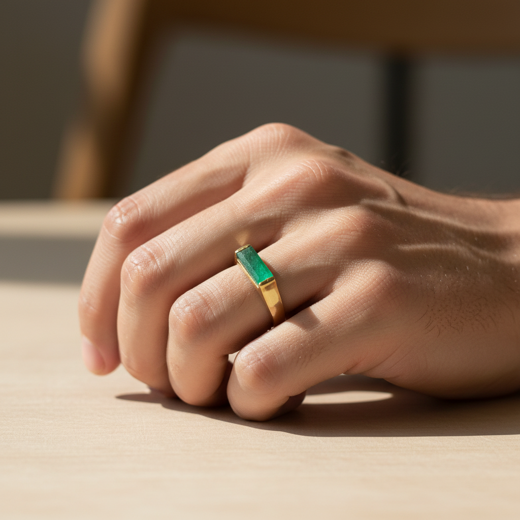 Mens Green Jade Baguette Cut Solid Ring, 925 Sterling Silver, Long Bar Gemstone Ring, 14K Gold Plated Signet Ring