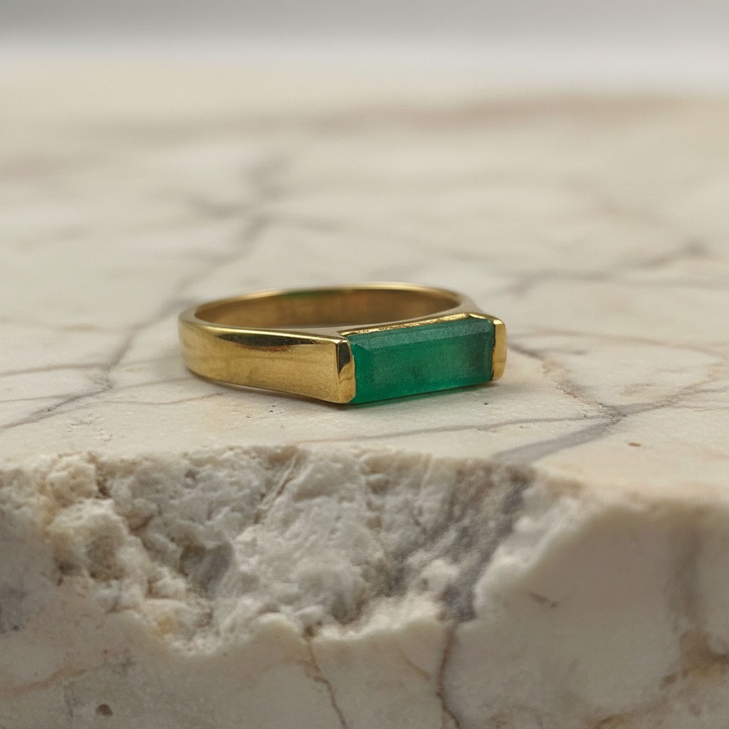 Mens Green Jade Baguette Cut Solid Ring, 925 Sterling Silver, Long Bar Gemstone Ring, 14K Gold Plated Signet Ring