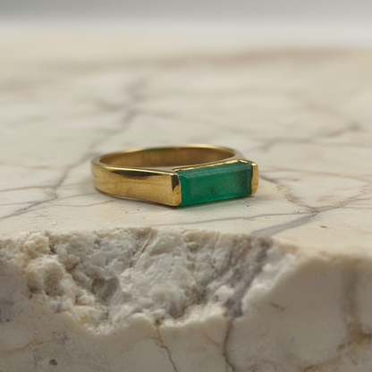 Mens Green Jade Baguette Cut Solid Ring, 925 Sterling Silver, Long Bar Gemstone Ring, 14K Gold Plated Signet Ring