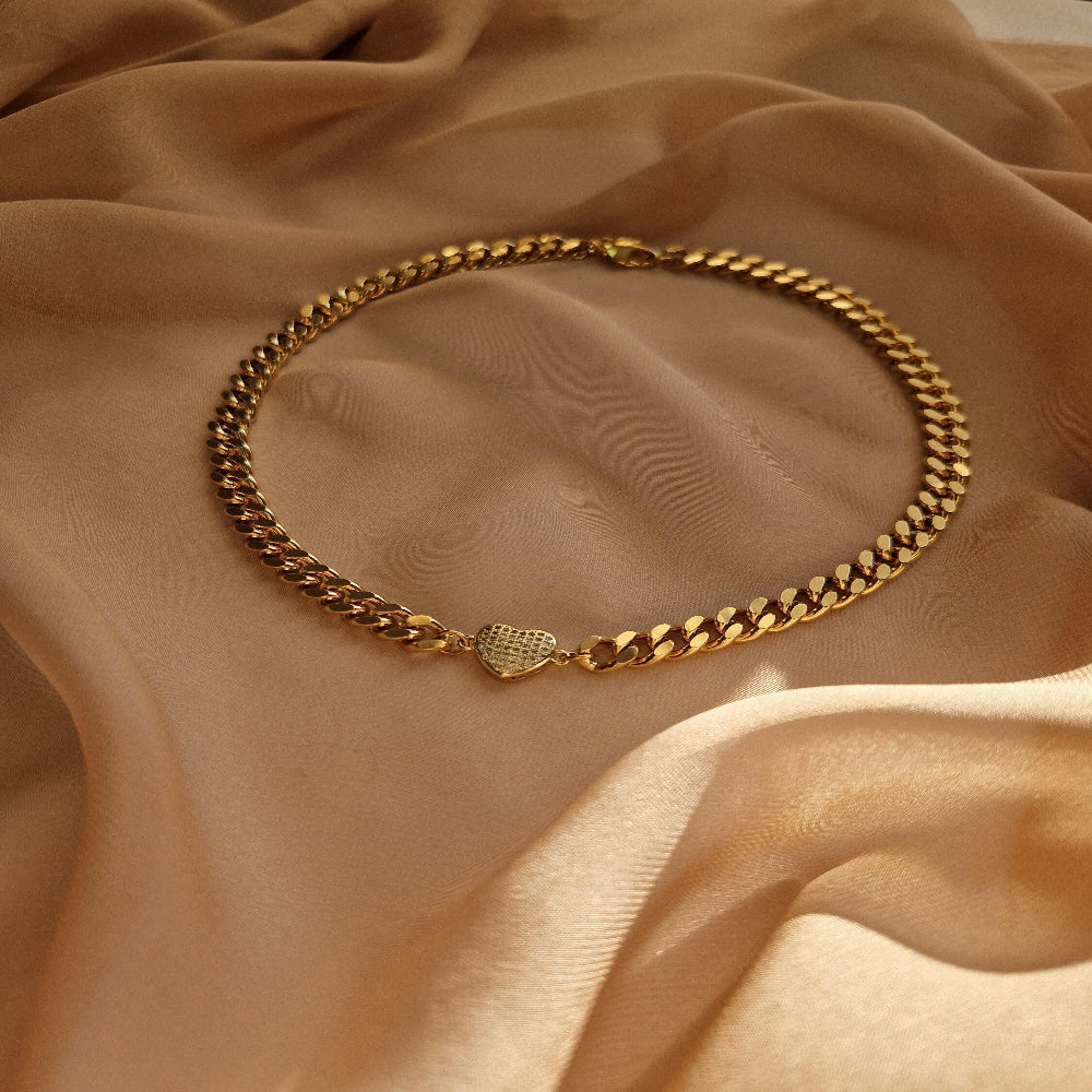 Gold Plated Curb Chain Chocker Necklace with Heart Charm