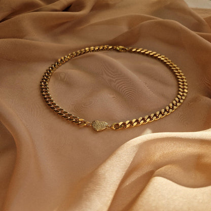 Gold Plated Curb Chain Chocker Necklace with Heart Charm
