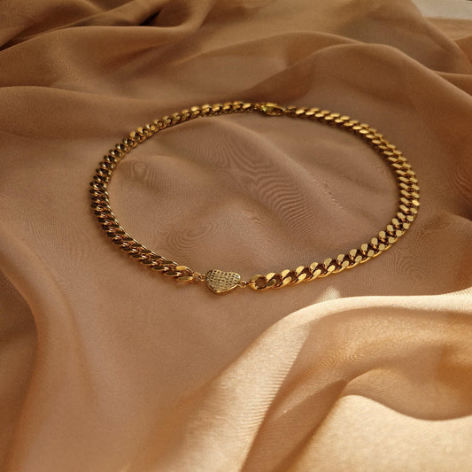 Gold Plated Curb Chain Chocker Necklace with Heart Charm